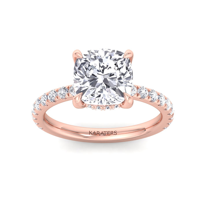 Cushion Cut Lab Grown Diamond Engagement Ring with Sidestones and Hidden Halo Rose Gold 14K 18K