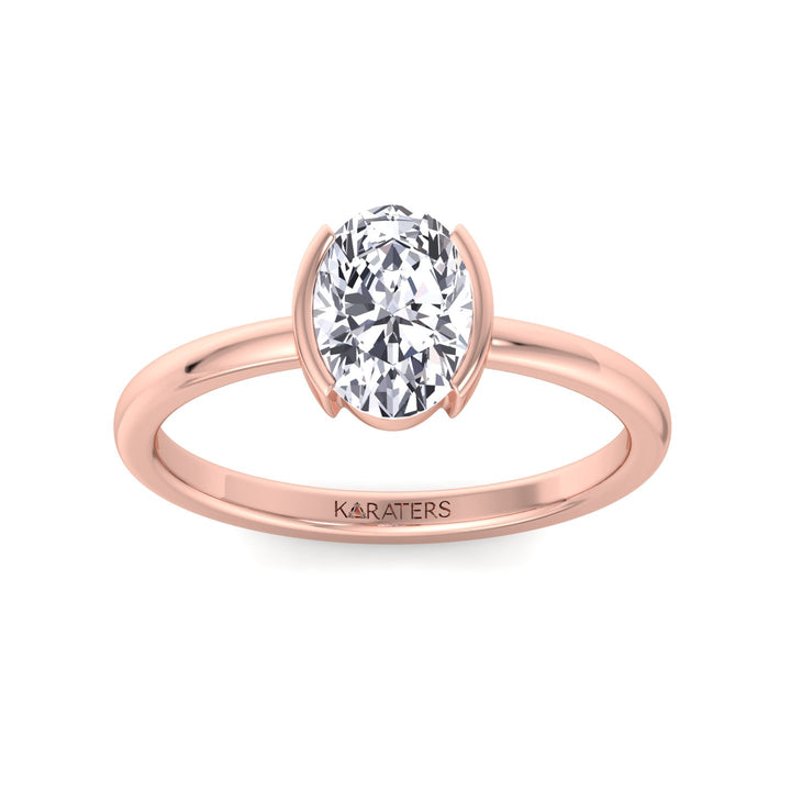 Half Bezel Oval Shape Lab-Grown Diamond Engagement Ring-1CT-2CT-3CT-4CT-5CT-6CT-7CT-8CT-9CT-10CT-RoseGold
