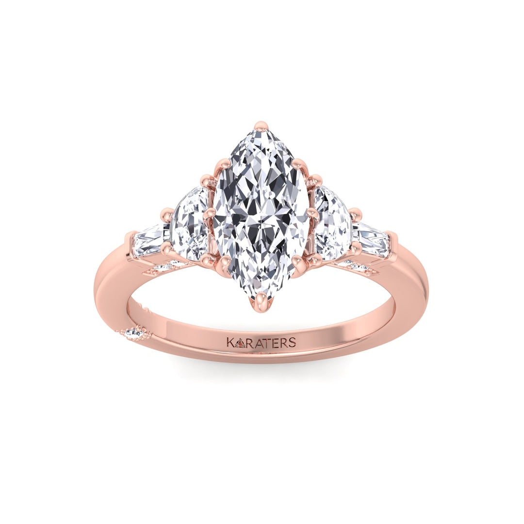 Marquise Shape Lab Grown Diamond Engagement Ring with Half Moon and Tapered Baguette Sidestones Rose Gold 14K 18K