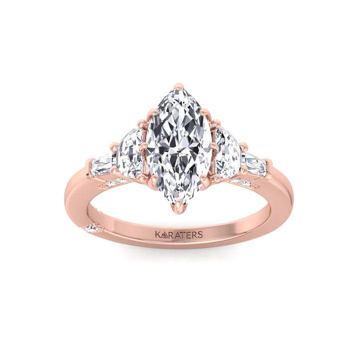 Marquise Shape Lab Grown Diamond Engagement Ring with Half Moon and Tapered Baguette Sidestones Rose Gold 14K 18K
