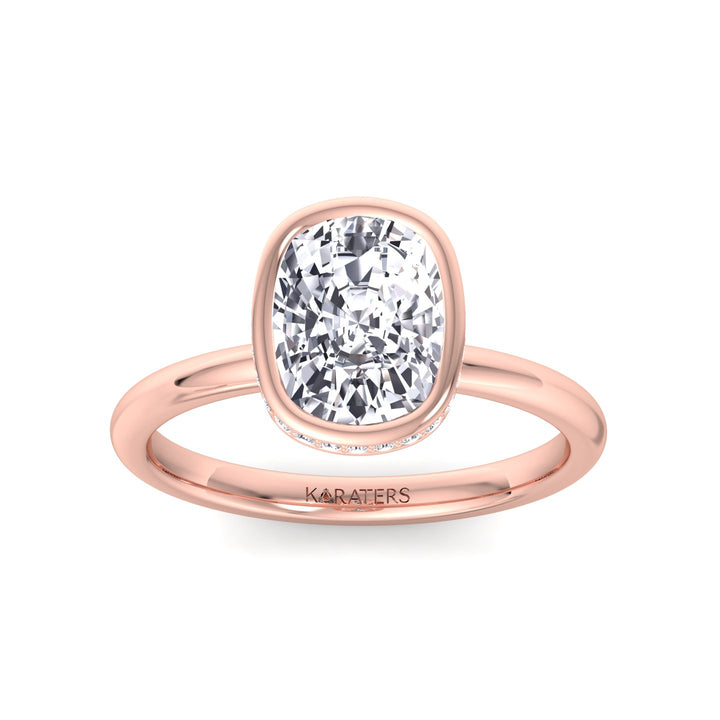 Bezel Set Cushion Cut Lab Grown Diamond Engagement Ring with Hidden Halo Rose Gold 14K 18K