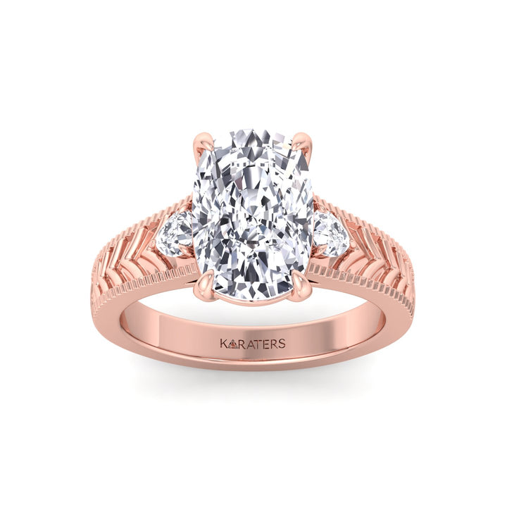 Vintage Style Elongated Cushion-Cut Lab Grown Diamond Engagement Ring with Pear Sidestones Rose Gold 14K 18K