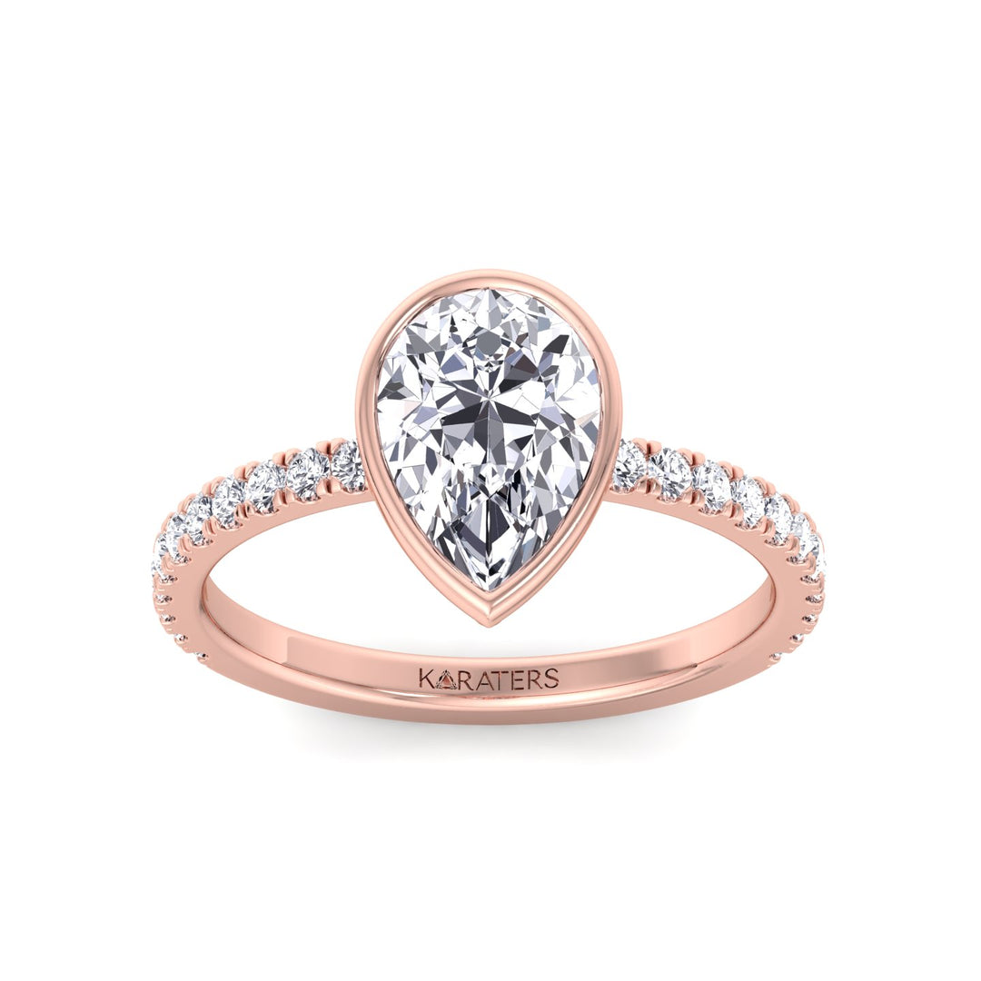 Bezel Set Pear Shape Lab Grown Diamond Engagement Ring With Pave Band Rose Gold 14K 18K