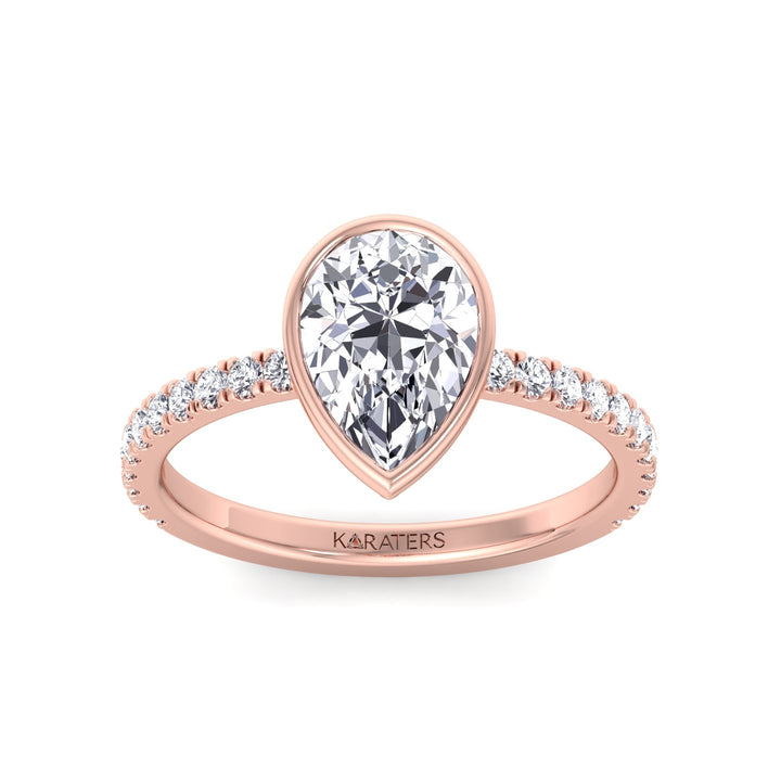 Bezel Set Pear Shape Lab Grown Diamond Engagement Ring With Pave Band Rose Gold 14K 18K