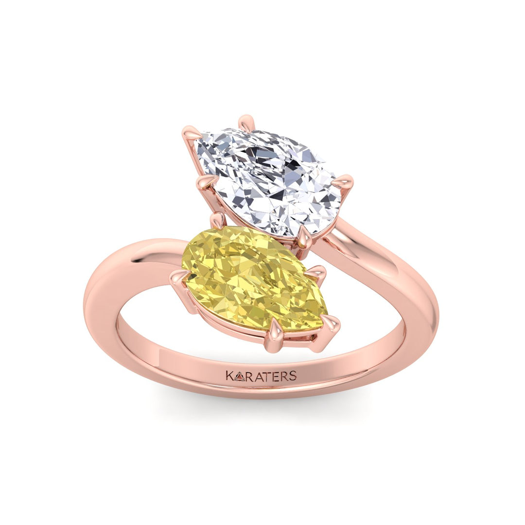 Fancy Yellow Pear Shape Lab Grown Diamond Bypass Two Stone Engagement Ring Rose  Gold 14K 18K