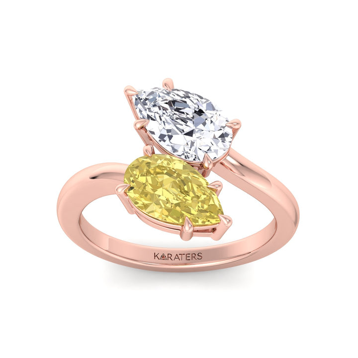 Fancy Yellow Pear Shape Lab Grown Diamond Bypass Two Stone Engagement Ring Rose  Gold 14K 18K