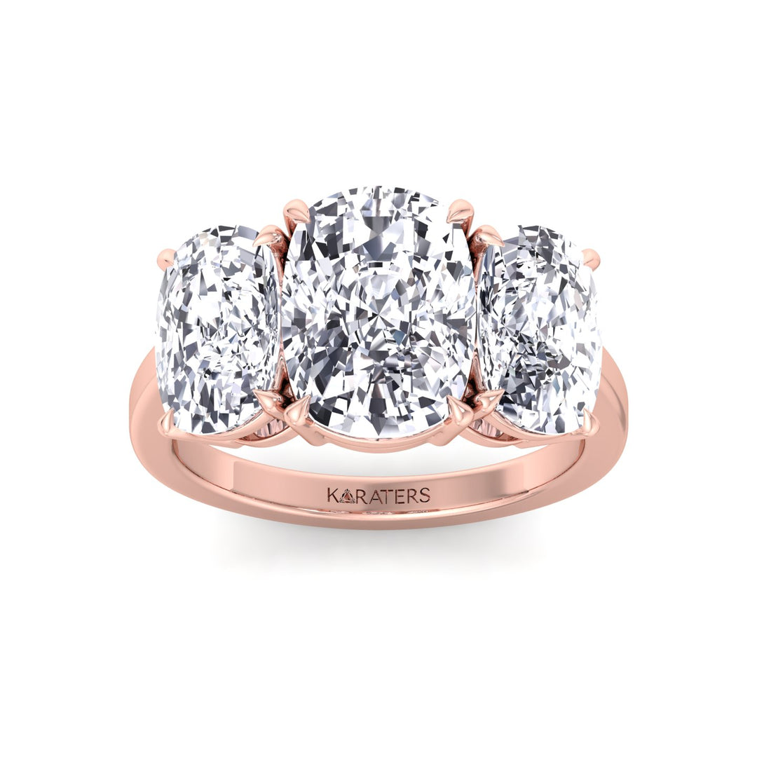 3 Stone Elongated Cushion Cut Lab Grown Diamond Engagement Ring Rose Gold 14K 18K