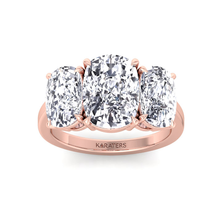 3 Stone Elongated Cushion Cut Lab Grown Diamond Engagement Ring Rose Gold 14K 18K
