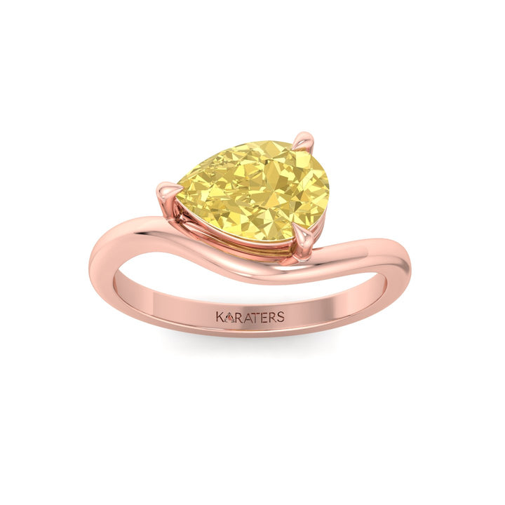 East West Pear Fancy Yellow Shape Lab Grown Diamond Curved Engagement Ring Rose Gold 14K 18K