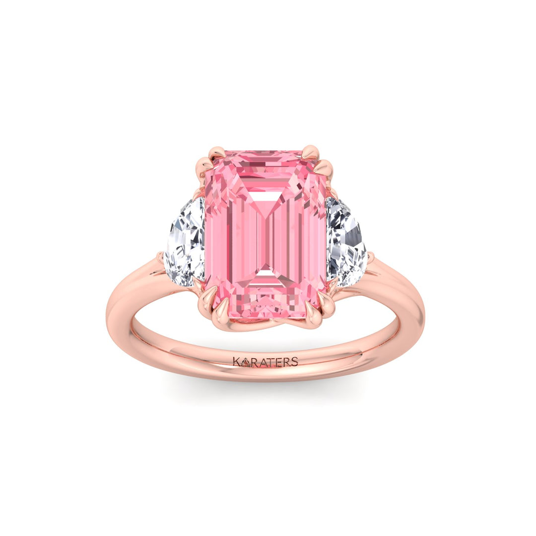Fancy Pink Emerald Shape Lab Grown Diamond Engagement Ring with Half Moon Sidestones Rose Gold 14K 18K