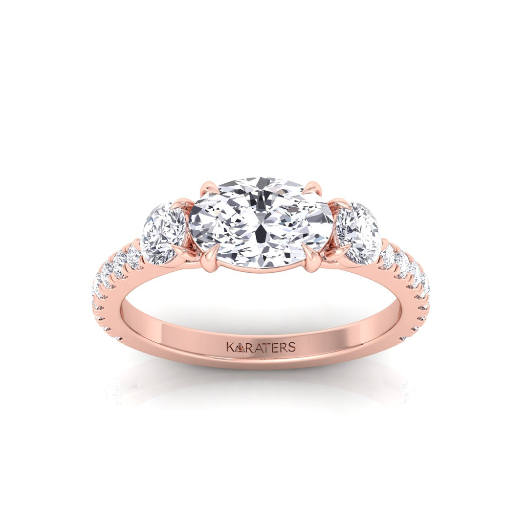 East West Oval Lab-Grown Diamond Engagement Ring with Round Sidestones Rose Gold 14K 18K