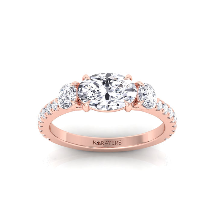 East West Oval Lab-Grown Diamond Engagement Ring with Round Sidestones Rose Gold 14K 18K