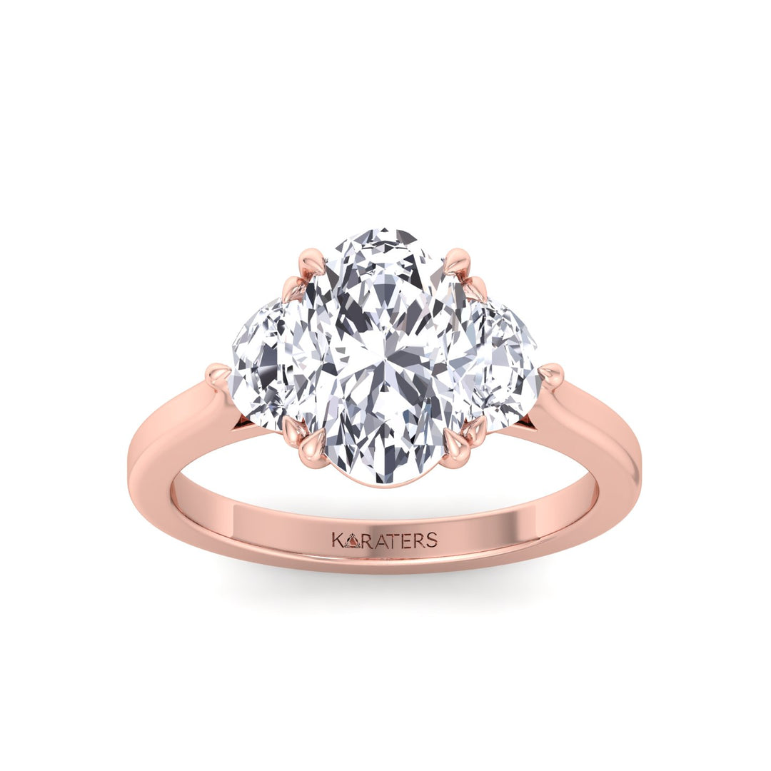 Oval Shape Lab Grown Diamond Engagement Ring with Half Moon Sidestones Rose Gold 14K 18K
