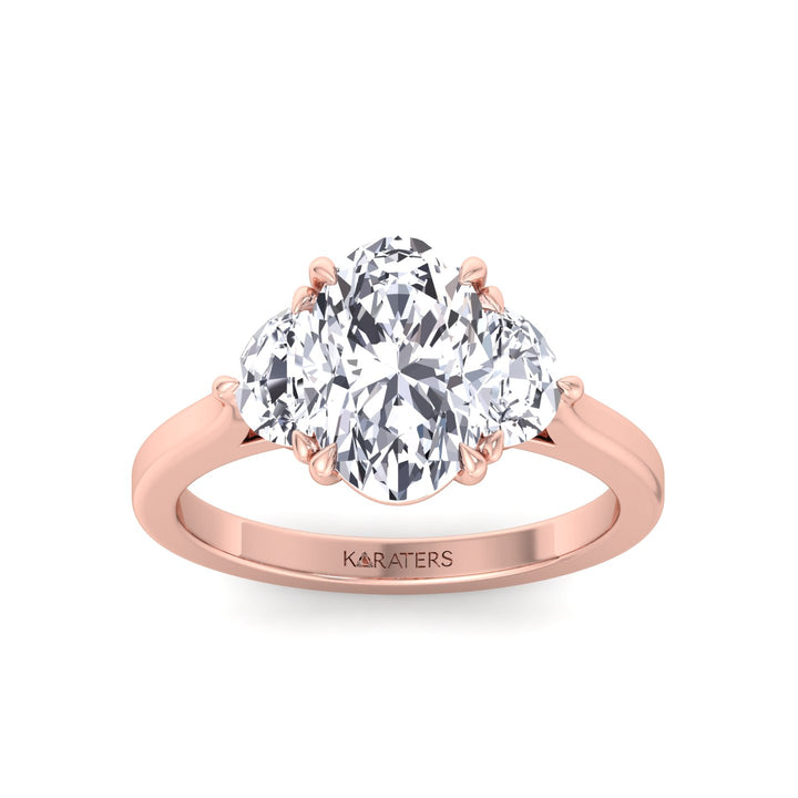 Oval Shape Lab Grown Diamond Engagement Ring with Half Moon Sidestones Rose Gold 14K 18K