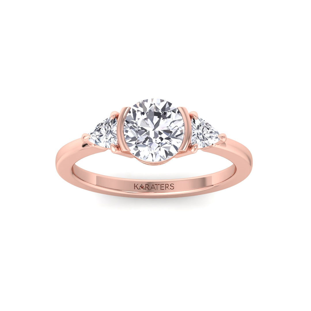 Half Bezel Round Shape Lab-Grown Diamond Engagement Ring with Trillion Sidestones Rose Gold 14K 18K