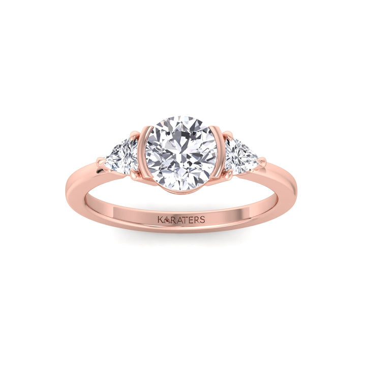 Half Bezel Round Shape Lab-Grown Diamond Engagement Ring with Trillion Sidestones Rose Gold 14K 18K