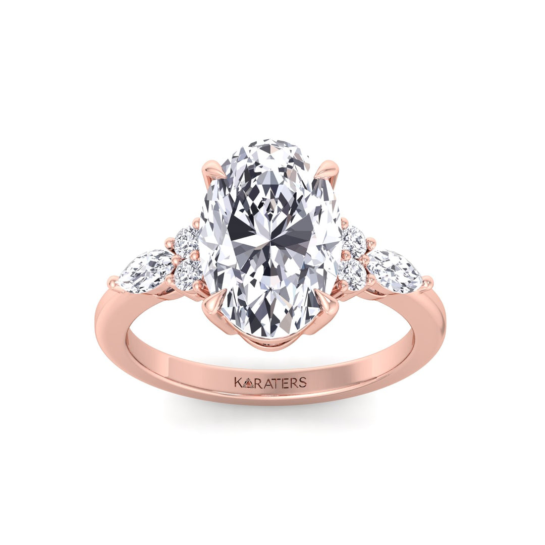 Oval Cut Lab Grown Diamond Engagement Ring with Round and Marquise Sidestones Rose Gold 14K 18K