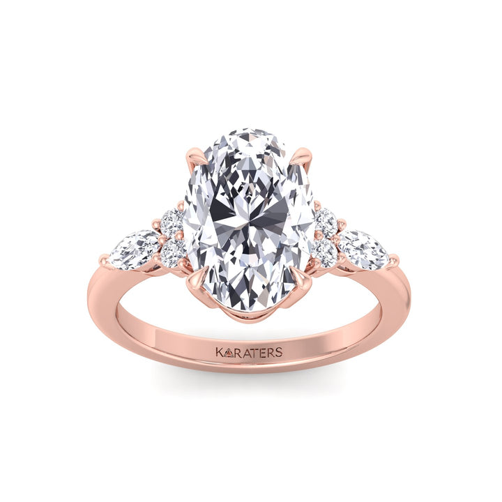 Oval Cut Lab Grown Diamond Engagement Ring with Round and Marquise Sidestones Rose Gold 14K 18K