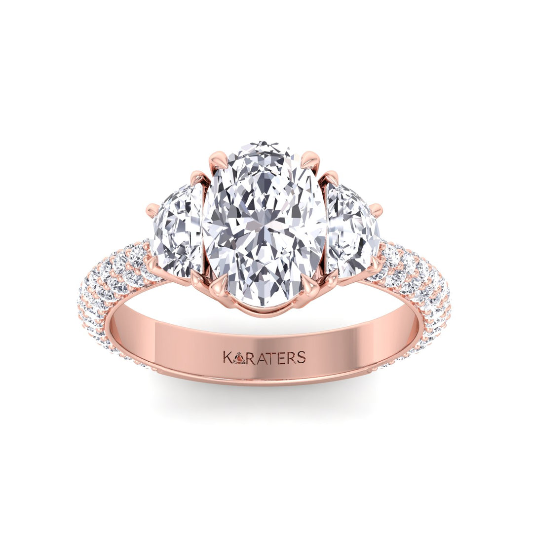 Oval and Half Moon Shape Three Stone Lab Grown Diamond Engagement Ring with Pave Band Rose Gold 14K 18K