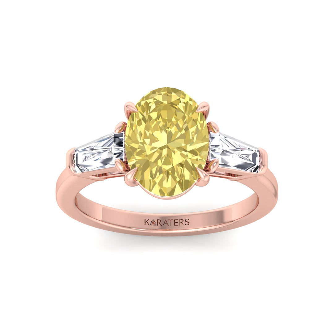 Fancy Yellow Oval Shape Lab Grown Diamond Engagement Ring with Tapered Baguette Sidestones Rose Gold 14K 18K