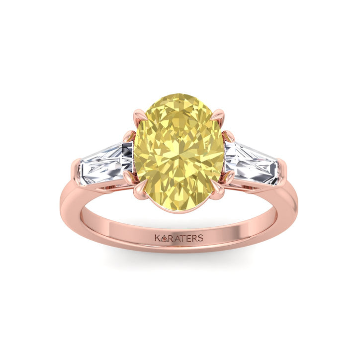 Fancy Yellow Oval Shape Lab Grown Diamond Engagement Ring with Tapered Baguette Sidestones Rose Gold 14K 18K