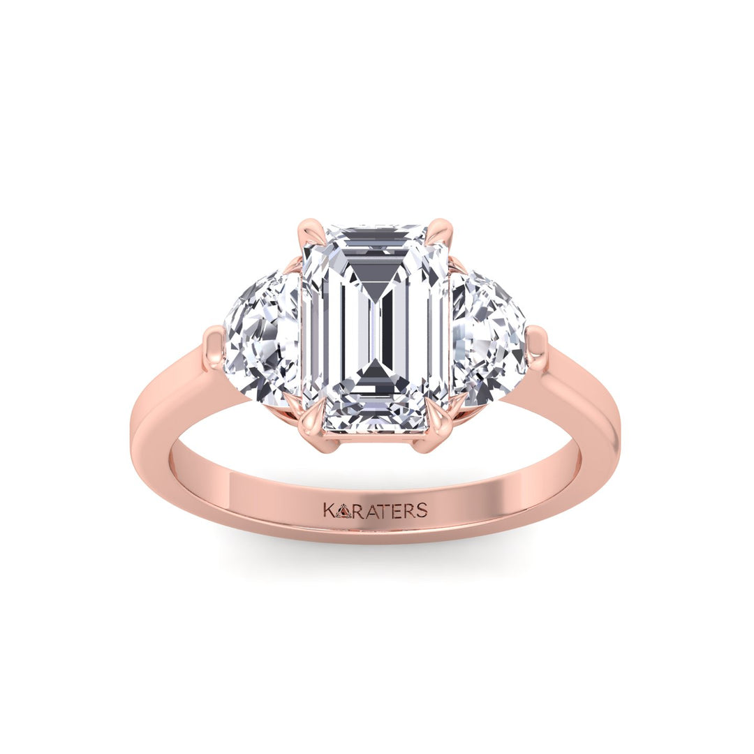 Emerald Shape Lab Grown Diamond Engagement Ring with Half Moon Sidestones Rose Gold 14K 18K