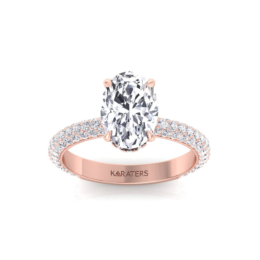 Oval Shape Lab-Grown Diamond Invisible Halo Engagement Ring with Three Row Pave Band Rose Gold 14K 18K