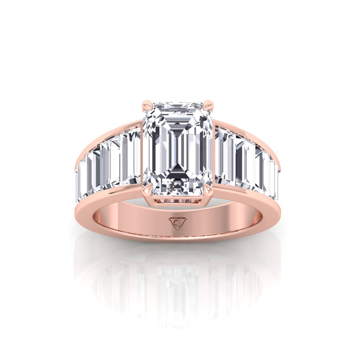 Emerald Shape Lab Grown Diamond Engagement Ring with Graduated Tapered Emerald Sidetones Rose Gold 14K 18K