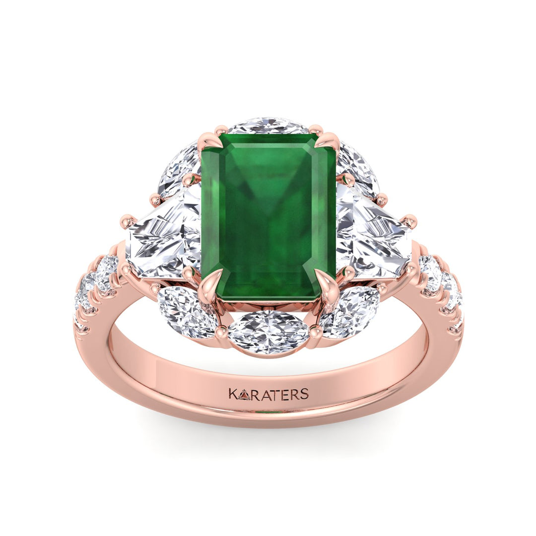 RG Green Emerald Lab Grown Diamond with Multiple Side Stone Engagement Ring top view
