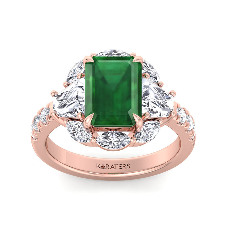 RG Green Emerald Lab Grown Diamond with Multiple Side Stone Engagement Ring top view