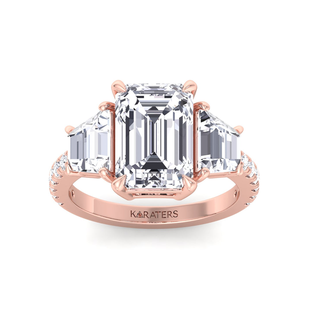 Emerald & Trapezoid Three Stone Lab-Grown Diamond Engagement Ring with Sidestones Rose Gold 14K 18K