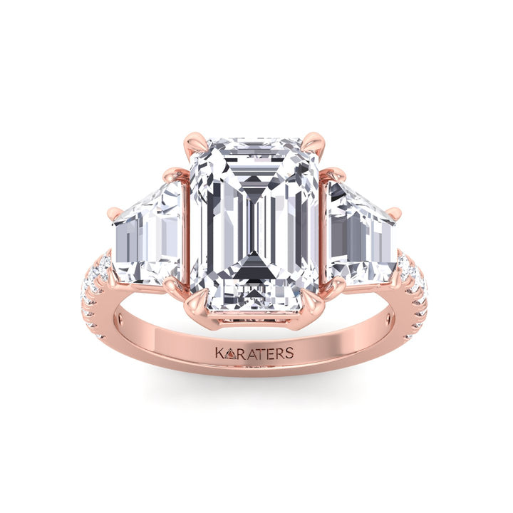 Emerald & Trapezoid Three Stone Lab-Grown Diamond Engagement Ring with Sidestones Rose Gold 14K 18K