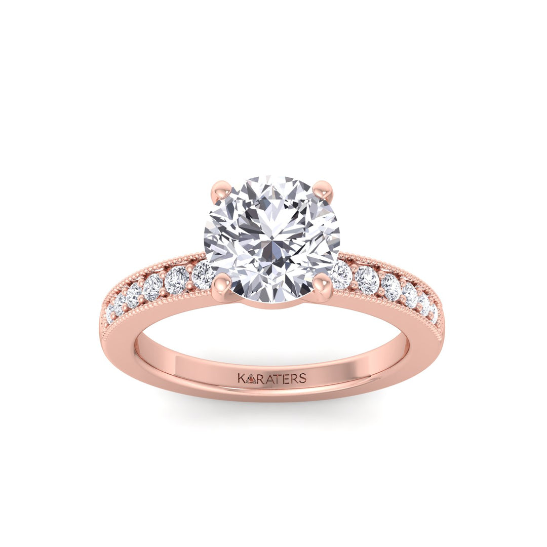 Vintage Round Shape Lab Grown Diamond Engagement Ring with Channel Set Side Stones Rose Gold 14K 18K