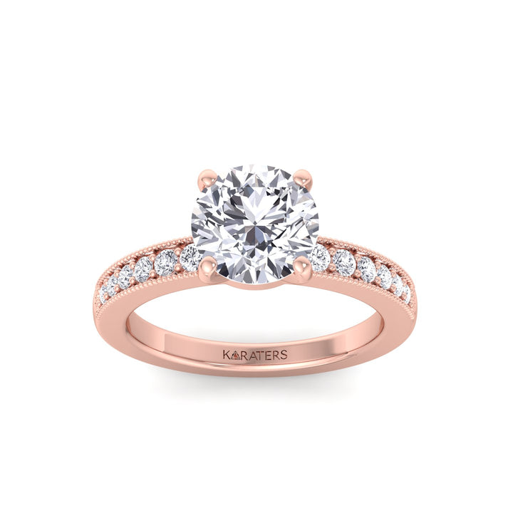 Vintage Round Shape Lab Grown Diamond Engagement Ring with Channel Set Side Stones Rose Gold 14K 18K