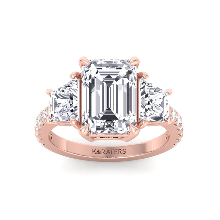 Emerald & Trapezoid Three Stone Lab-Grown Diamond Engagement Ring with Sidestones Rose Gold 14K 18K