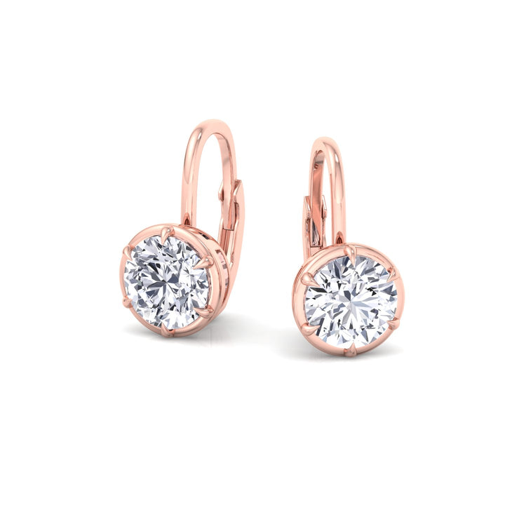Round Shape Lab Grown Diamond Bezel Prong Drop Earrings Rose Gold 14K 18K
