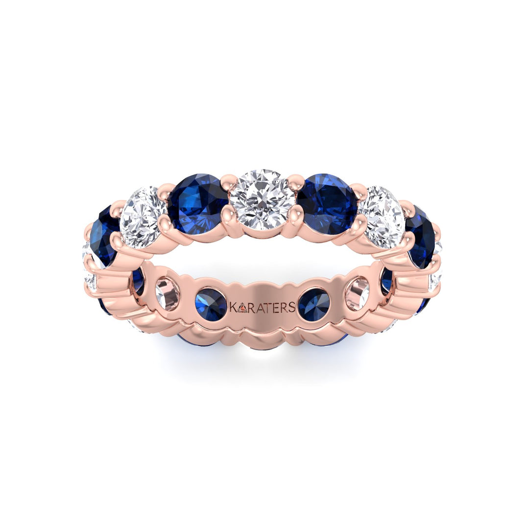Alternating Round Shape Lab Grown Blue Sapphire and Diamonds Eternity Band Rose Gold 14K 18K