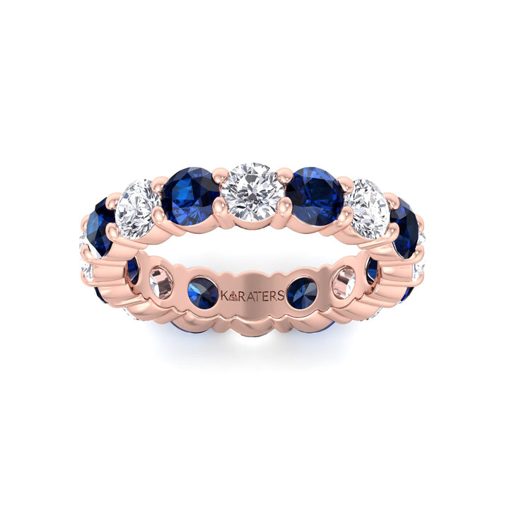 Alternating Round Shape Lab Grown Blue Sapphire and Diamonds Eternity Band Rose Gold 14K 18K