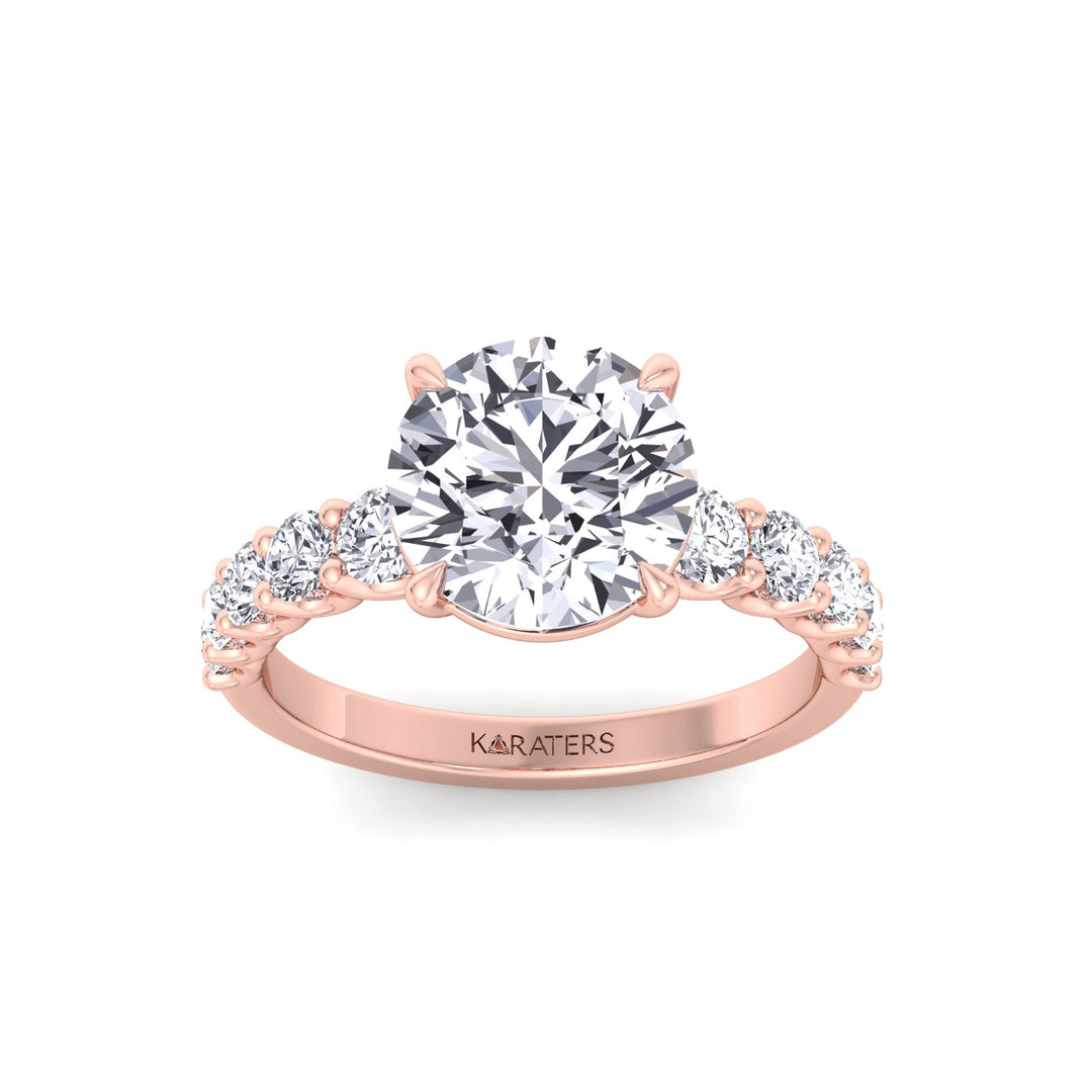 Round Shape Lab Grown Diamond Engagement Ring with Graduated Sidestones Rose Gold 14K 18K