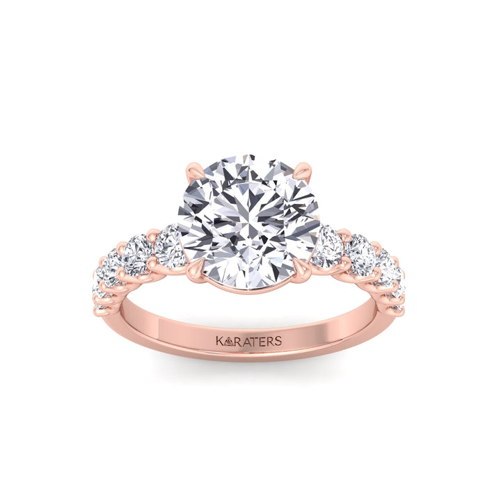 Round Shape Lab Grown Diamond Engagement Ring with Graduated Sidestones Rose Gold 14K 18K