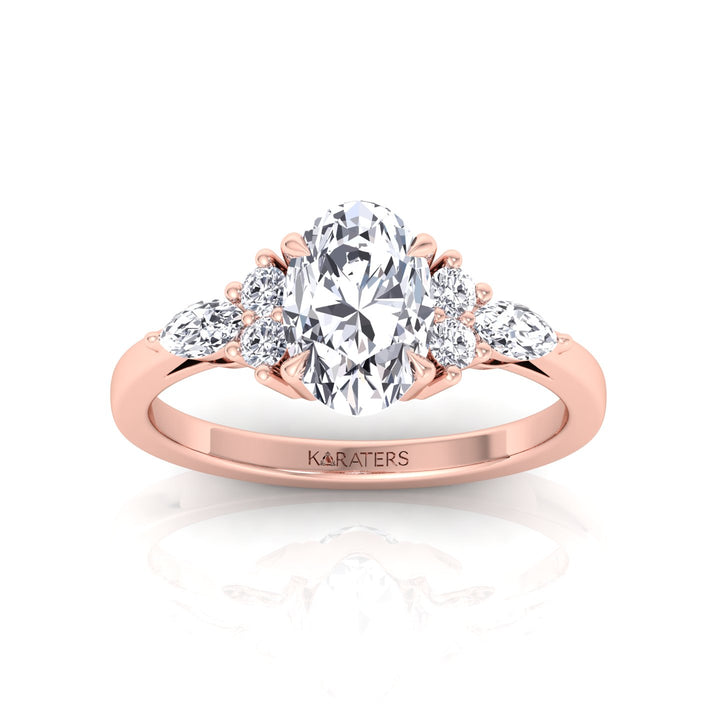 Oval Cut Lab Grown Diamond Engagement Ring with Round and Marquise SideStones Rose Gold 14K 18K