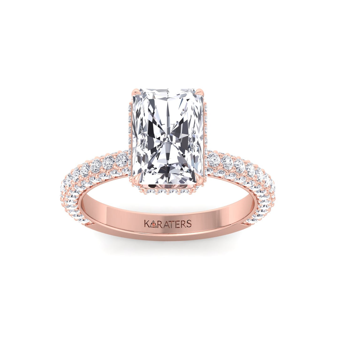 Thick Pave Radiant Cut Hidden Halo Lab Grown Diamond Engagement Ring Rose Gold 14K 18K