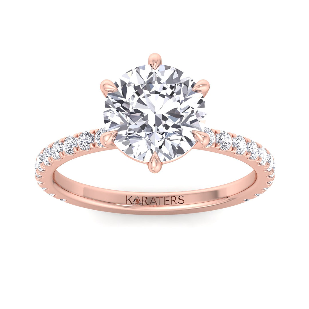 Adria - Six Prong Round Cut Lab Grown Diamond Engagement Ring With Pave Band