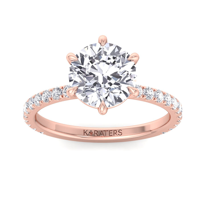 Adria - Six Prong Round Cut Lab Grown Diamond Engagement Ring With Pave Band