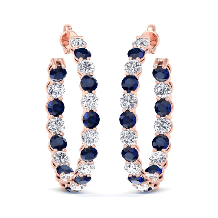 Alternating Lab Grown Blue Sapphire and Diamond Inside Out Hoop Earrings Rose Gold 14K 18K