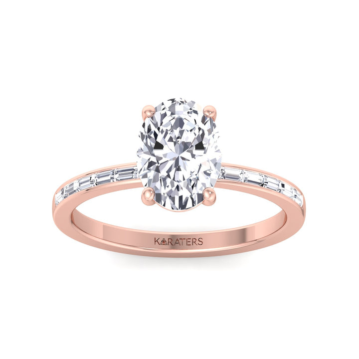Oval Cut Lab Grown Diamond Engagement Ring with Baguette Channel Band-1CT-2CT-3CT-4CT-5CT-6CT-7CT-8CT-9CT-10CT-14K-18K-Rose Gold