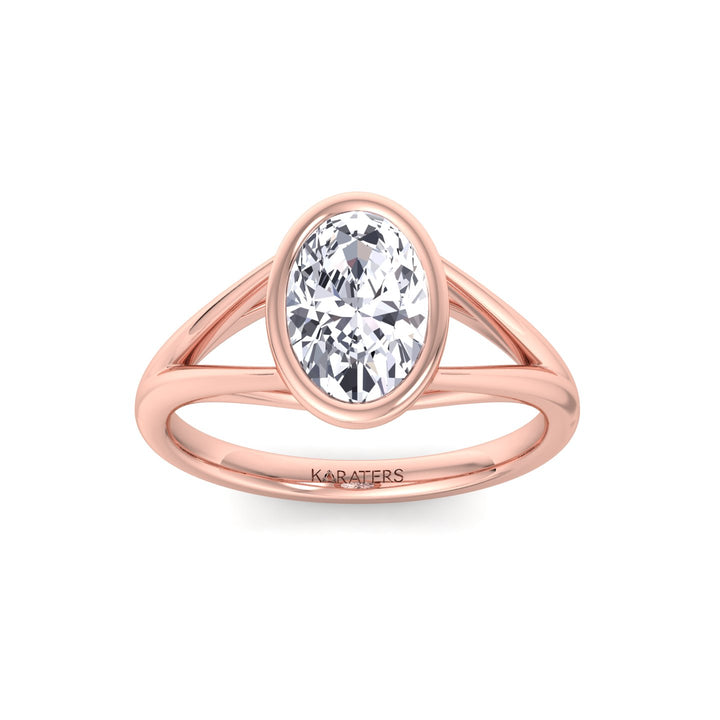 Bezel Set Oval Shape Lab-Grown Diamond Split Shank Engagement Ring Rose Gold 14K 18K