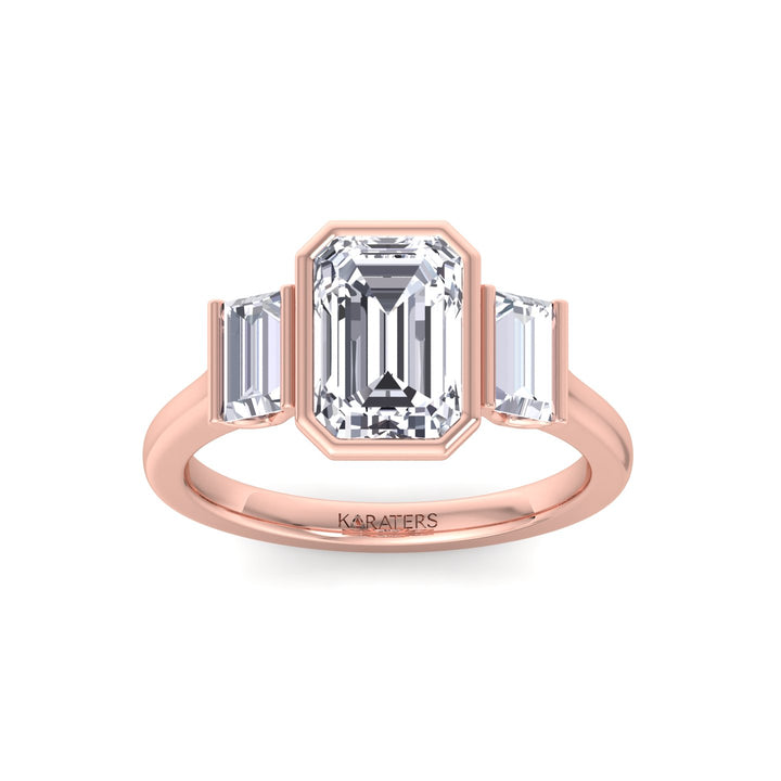 Three Stone Emerald Shape Lab Grow Diamond Engagement Ring Rose Gold 14K 18K