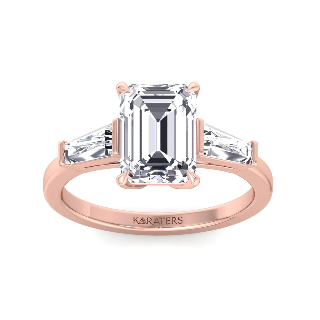 Emerald Cut Grown Diamond Solitaire Engagement Ring With Tapered Baguette Sidestones Rose Gold 14K