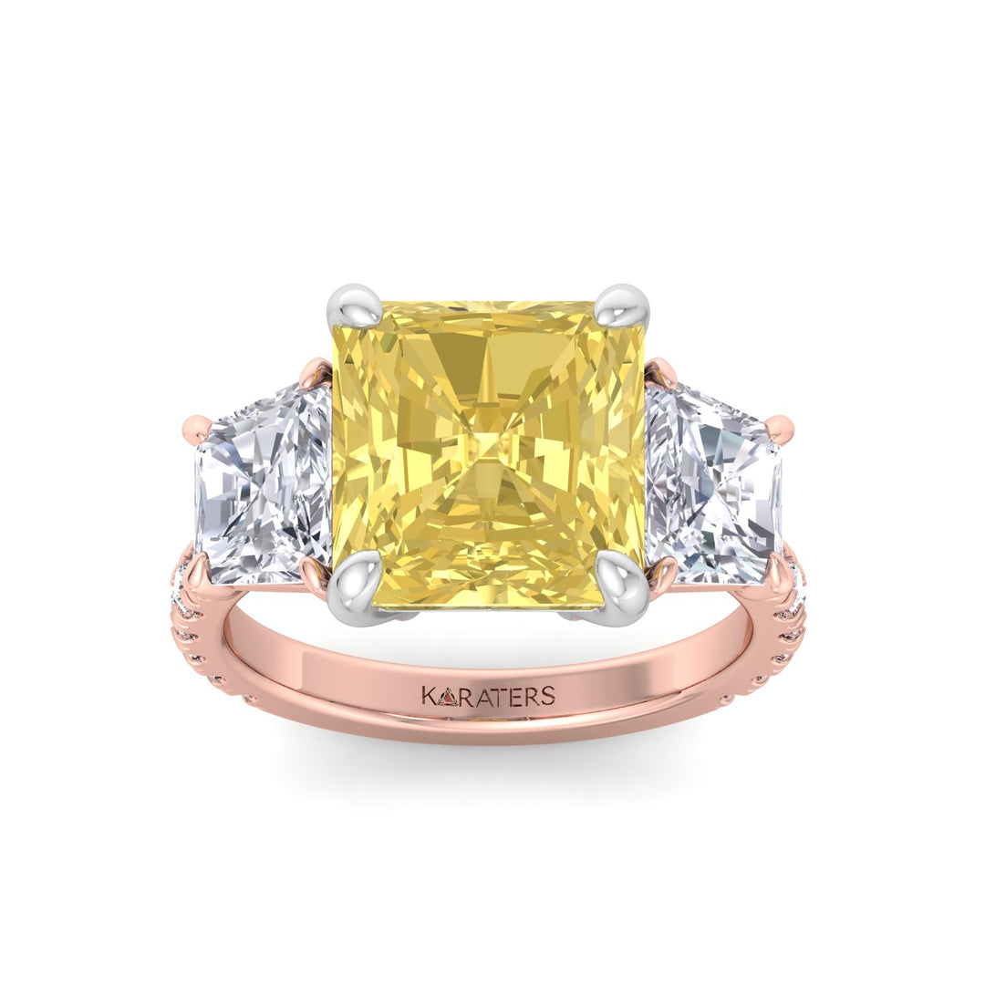 Fancy Yellow Radiant Cut Lab-Grown Diamond Engagement Ring with Pave Sidestones Rose Gold 14K 18K